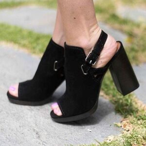Frye Dani Shield Sling Black Suede Peep Toe Heeled Sandal